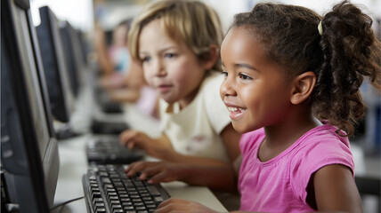 Young children use computers with smiles, engaged in a learning activity Generative AI