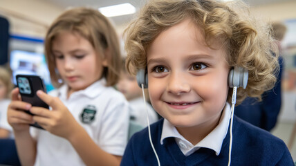 Students in classroom learn with electronic devices. One uses headphones, the other a mobile phone Generative AI