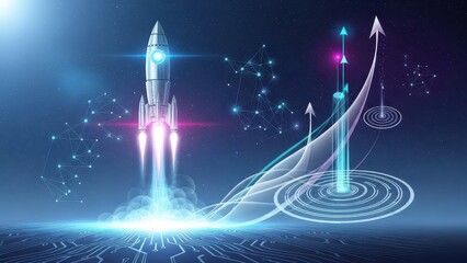Futuristic Rocket Launch with Digital Growth and Technology Concept
