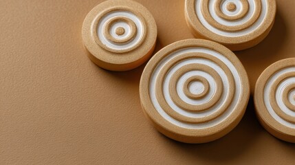 Decorative wooden circles with concentric patterns on a warm brown surface showcasing modern design elements and minimalist aesthetics in home decor.