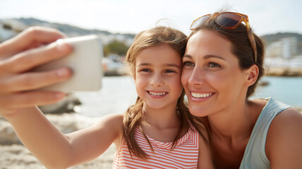 Mother and daughter gleefully capture a selfie at the beach. Summertime joy radiates Generative AI