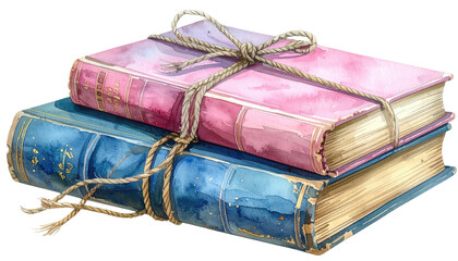 Watercolor image of two aged books tied with twine, with colorful covers