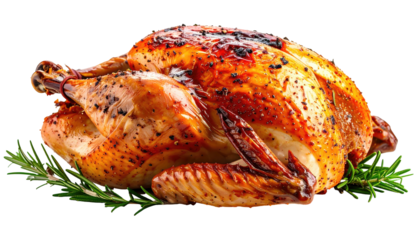 Juicy, roasted poultry with crispy skin, garnished with fresh green herbs