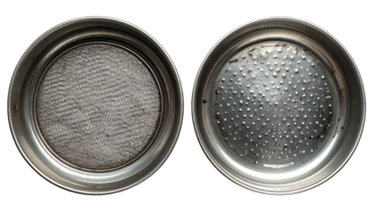 Two metal strainers fine mesh and perforated. Isolated on black