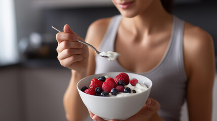 Faceless woman holds a bowl of yogurt and berries, ready to savor the delicious, healthy treat Generative AI