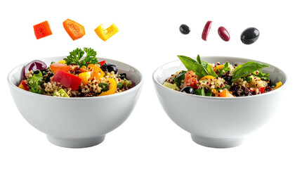 Two bowls of colorful quinoa salad with scattered fresh vegetables