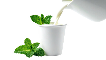 Milk pouring into a cup with mint leaves; pure white on a black background