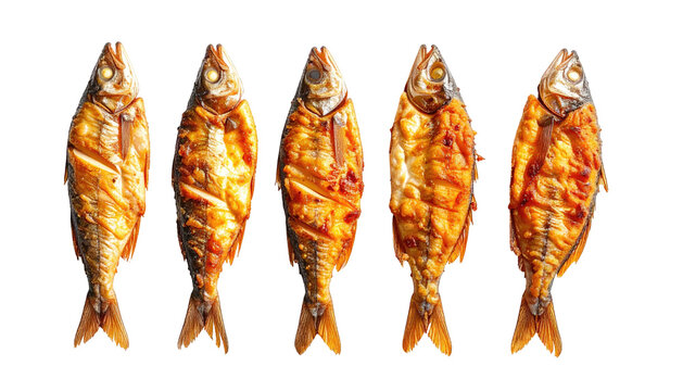 Five golden-brown, grilled fish on a black background, centered