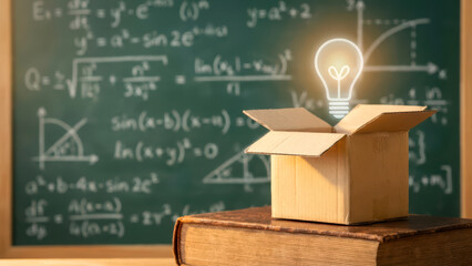 Thinking Outside the Box with Idea Light Bulb on Educational Background