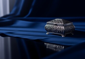 Elegant Silver Decorative Jewelry Box on Luxurious Blue Satin Fabric