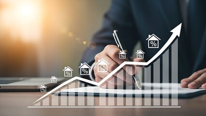 Businessman analyzing real estate market trends with rising graph