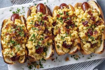 Naklejka premium Gourmet Hot Dogs with Creamy Macaroni and Cheese Topping, Crispy Bacon Crumbles, and Fresh Parsley, Served on Toasted Buns on a Marble Platter