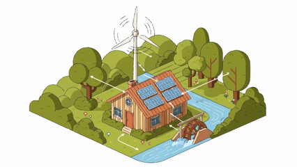 Sustainable house with solar panels and wind turbines in a lush green landscape viewed from above