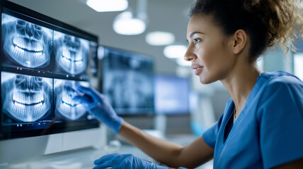 A Doctor in blue scrubs reviews x-ray film on a computer. She is wearing gloves Generative AI