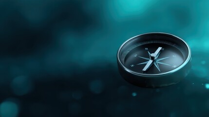 Elegant compass on a blurred turquoise background representing navigation, direction, and adventure in a serene and modern aesthetic for travel themes.
