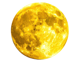 A bright, glowing golden sphere with crater-like surface, set on black