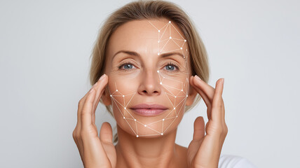 A woman is touching her face as a technologically advanced face scan is projected onto her skin Generative AI