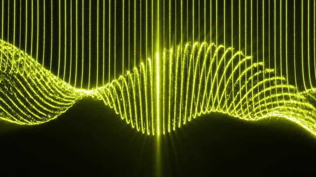 Smooth wave distortion effect across multiple glowing chartreuse vertical lines creating an ethereal abstract energy visualization pattern fiction, chartreuse, corporate