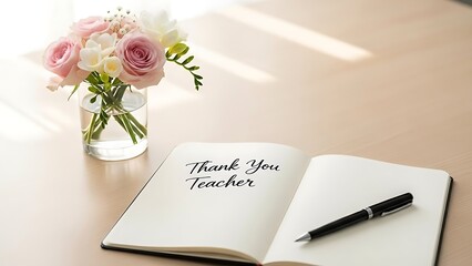 Heartfelt thank you message for teacher with flowers and pen