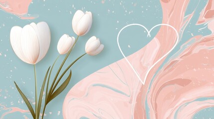 Elegant White Tulips, Pastel Marbled Teal Pink Background, White Heart Outline