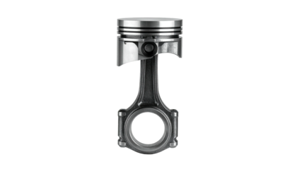 Detailed close-up of a piston and connecting rod isolated on black