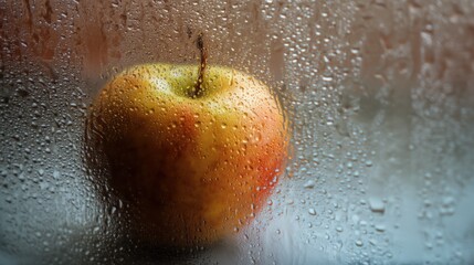 Rain-Kissed Red-Yellow Apple Behind Steamy Glass with Water Droplets