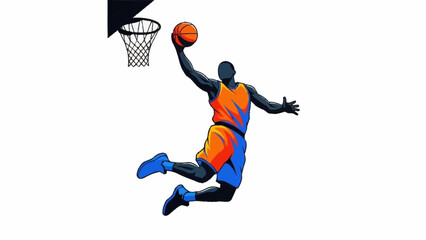 Dynamic illustration of a basketball player dunking in mid-air with vibrant colors © Satya