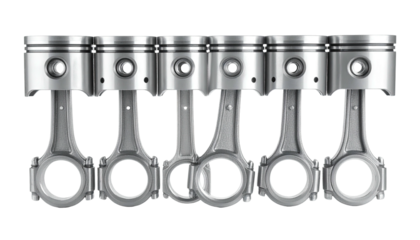 Close-up of six engine pistons in a line, metallic and shiny