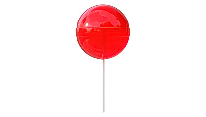 Shiny red, round candy on a white stick, isolated against a black background