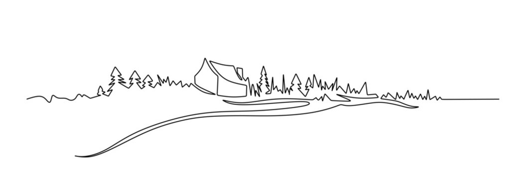 Rural landscape continuous one line vector drawing. Lake house in the woods hand drawn silhouette. Country nature panoramic sketch	