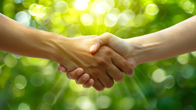 Close-Up Handshake Against Green Nature Background - Business Agreement or Partnership Concept