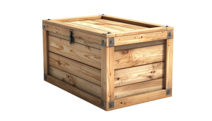 Rectangular wooden crate, closed, with metal corner reinforcements, against black