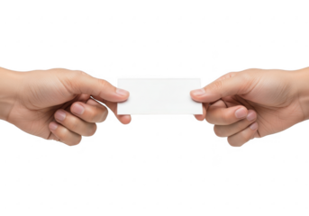 Hands exchanging a blank white card isolated on transparent background