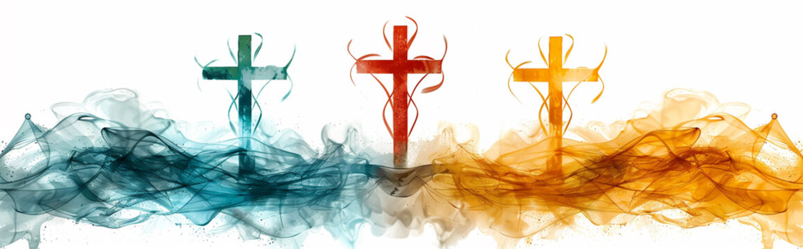 Trinity Day Celebration Design - Colorful Crosses with Smoke Art for Posters, Cards, and Prints