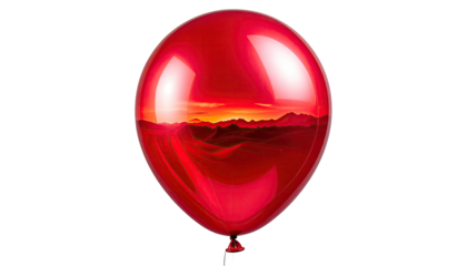 Shiny red balloon reflects a desert landscape at sunset