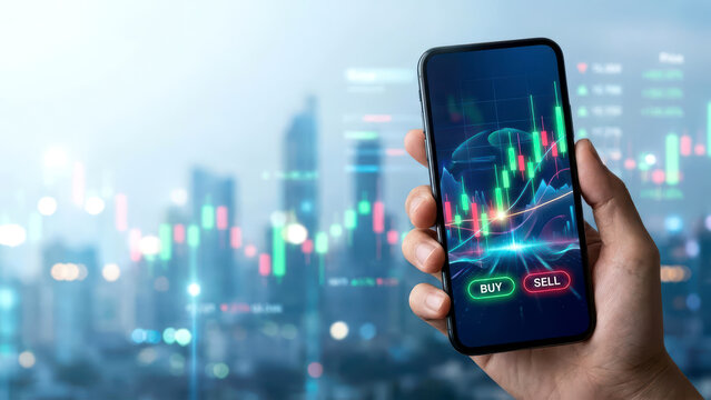 Mobile Phone Showing Financial Trading App with Buy and Sell Options - Powered by Adobe