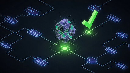 workflow automation process showing interconnected data nodes digital information flow and successful task completion in a modern technology environment