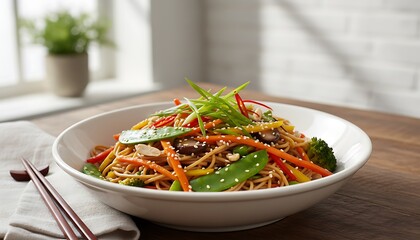 Bowl of vegetable noodle stir-fry with clean presentation, natural lighting