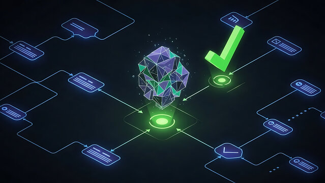 workflow automation process showing interconnected data nodes digital information flow and successful task completion in a modern technology environment