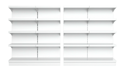 Two empty, white, multi-tiered retail shelving units, isolated