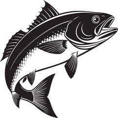 Fototapeta premium Leaping Fish Silhouette – Black Line Vector Illustration Featuring Open Mouth, Extended Fins, and Dynamic Motion