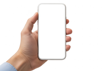 Hand holding a smartphone with a white screen isolated on transparent background