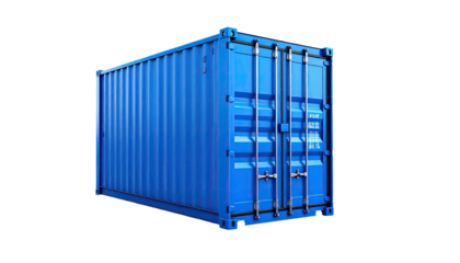 A bright blue, rectangular, steel cargo container against a black background