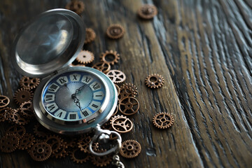 Old clock macro. Closeup of gears from clock works. rusty mechanism in the old clock