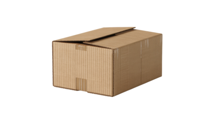 A brown cardboard box isolated on transparent background with its flap open