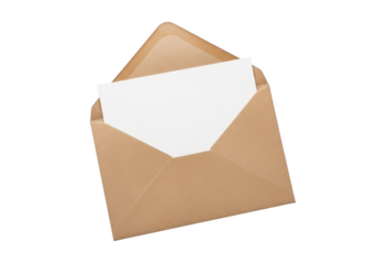 Open brown envelope with a white card inside, isolated on transparent background