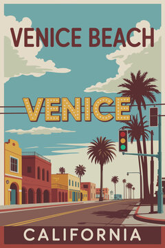 Venice beach travel vector, vintage california poster design with palm-lined boardwalk, sunny tropical atmosphere, and classic lifeguard tower on the sandy shore.
