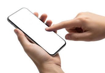 Hand using a smartphone with a blank screen isolated on transparent background