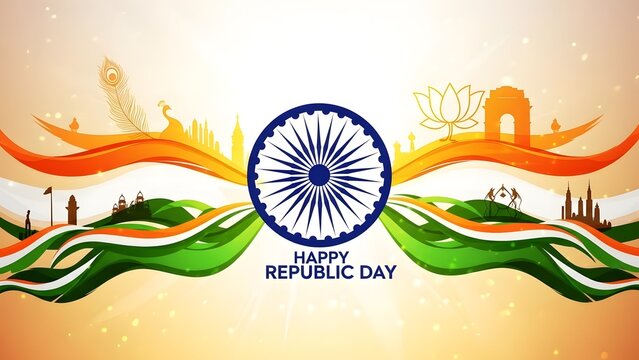 Vibrant graphic celebrating Happy Republic Day in India with Ashoka Chakra, flag colors, and national symbols.