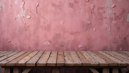 Empty wooden deck table over rusty pink background for presenting products minimal display mockup scene